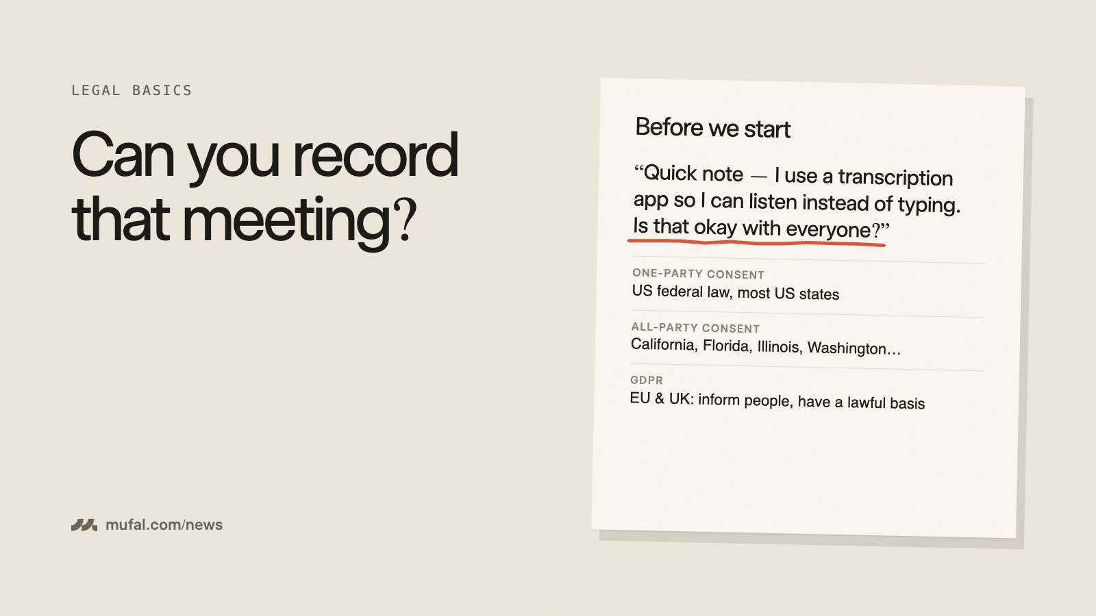 A printed 'before we start' note with a consent script and a summary of recording consent rules