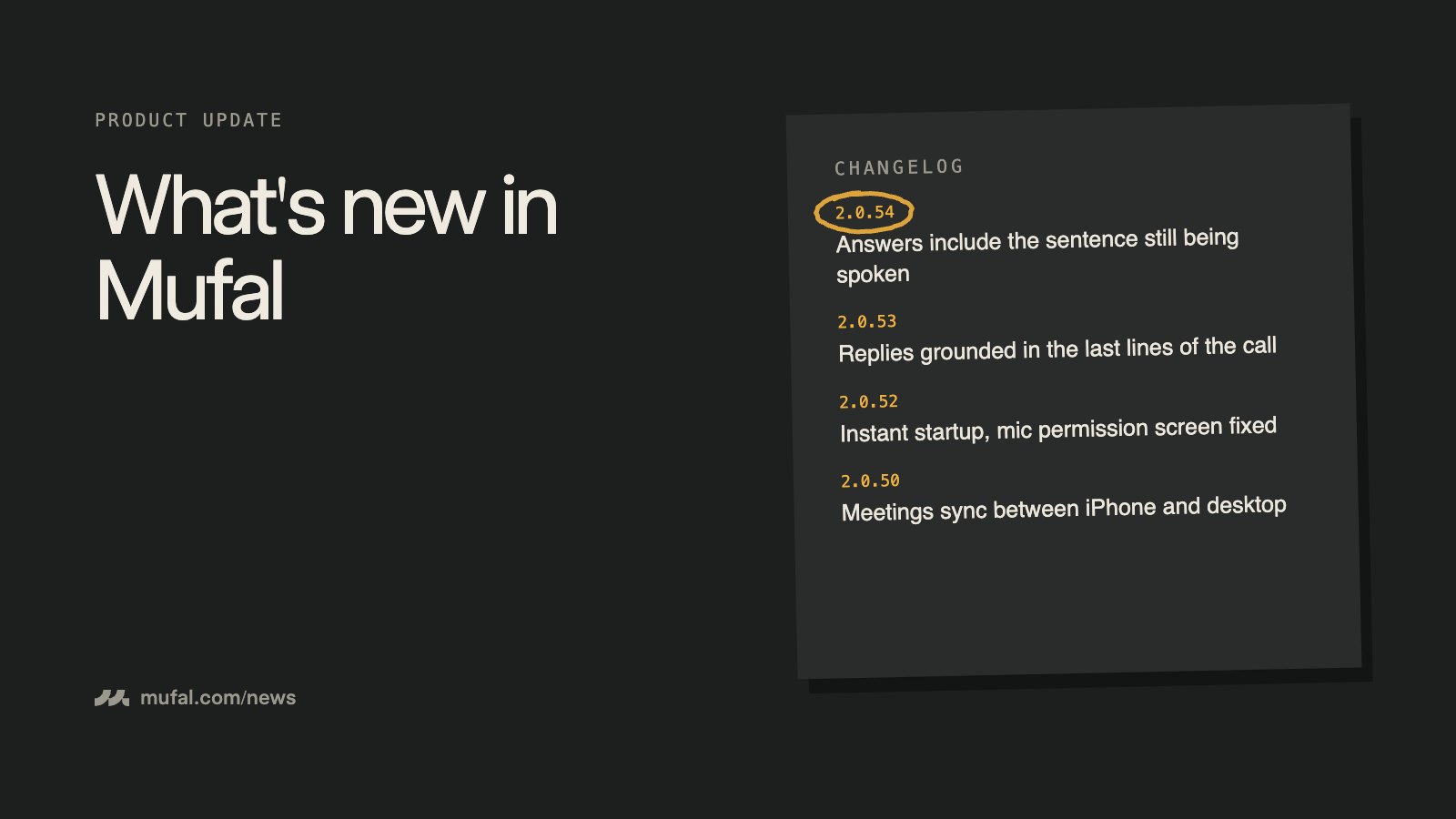 Mufal changelog card listing versions 2.0.50 to 2.0.54